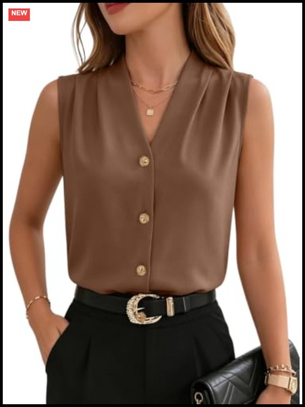 Sleeveless V-Neck Button Down Blouse Business Casual
